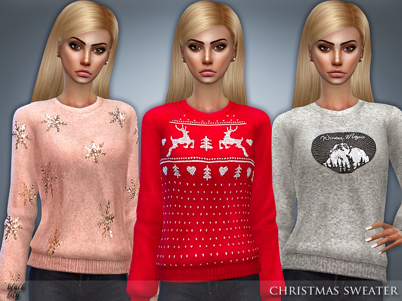 Die gleiche blonde Sim mit blonden Haaren und dramatischem Make-up trägt einen einfachen Weihnachtspullover