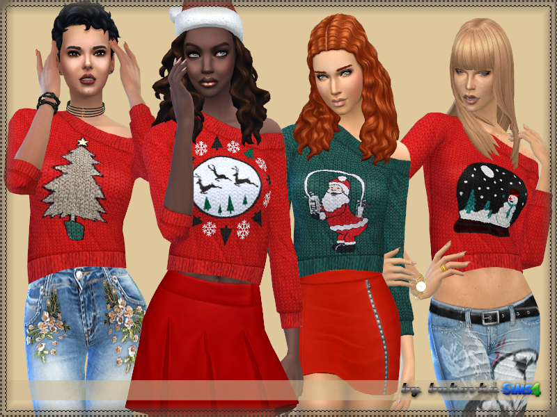 Vier Sims, die einen Ein-Schulter-Strickpullover tragen