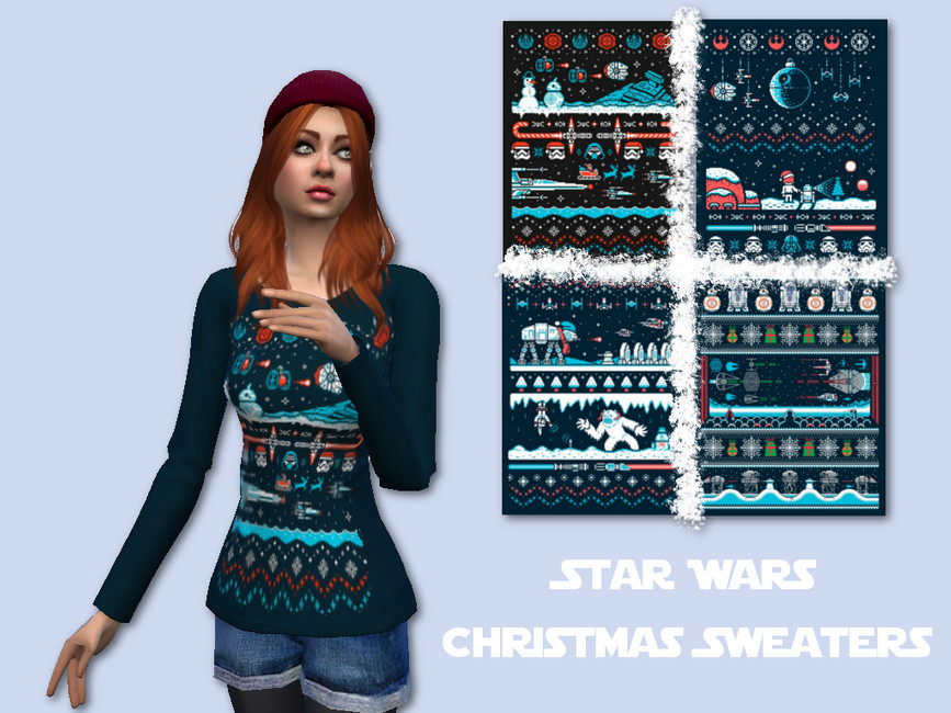 Ein Sim mit roten Haaren, der eine Mütze und einen Star Wars-Weihnachtspullover trägt