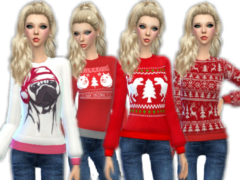 Derselbe Sim mit blondem Pferdeschwanz, der verschiedene Sims 4 CC Weihnachtspullover trägt.