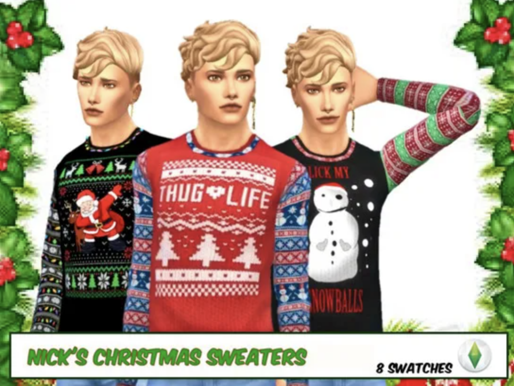 Die gleiche blonde Sim dreimal mit einem Ohrring, dunkleren Augenlidern und einem Weihnachtspullover.