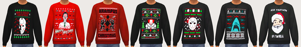 Eine Reihe von sieben Weihnachtspullovern mit Popkultur-Themen für Ihren Sims 4 CC-Ordner. Dazu gehören Jaws, IT, Krampus und mehr.
