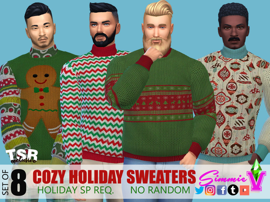 Vier Sims tragen einen sehr hässlichen Weihnachtspullover mit Rollkragen. Die CC-Pullover sehen handgestrickt aus.
