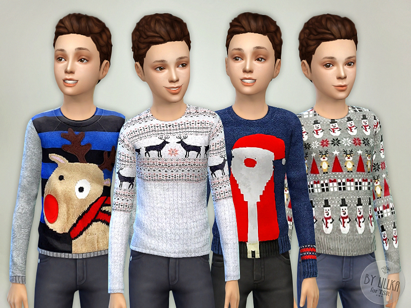 Vier identische maskuline Kindersims, die verschiedene Varianten eines Weihnachtspullovers tragen.
