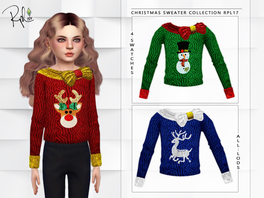 Ein Sim mit blonden Haaren trägt einen Sims 4 CC Weihnachtspullover mit einer Schleife am Kragen und passenden Manschetten.