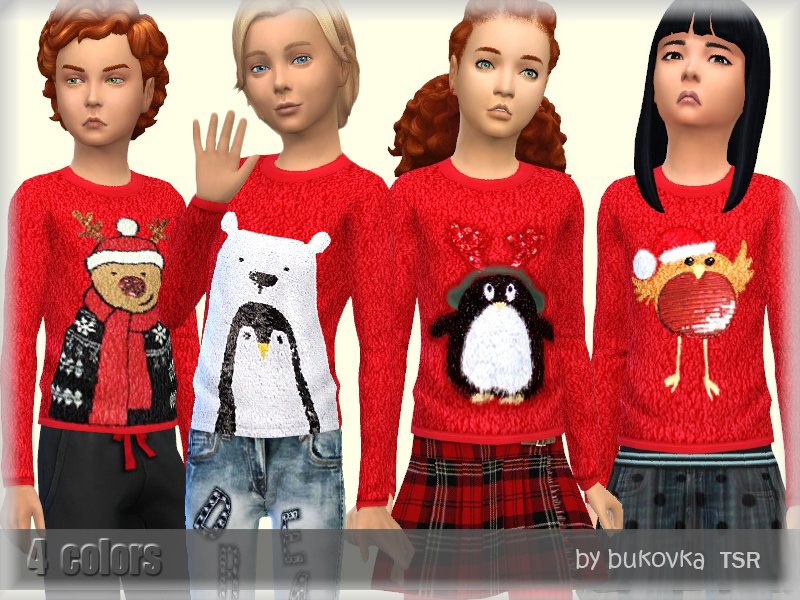 Vier Kinder in Die Sims 4, die passende rote Weihnachts-CC-Pullover tragen.
