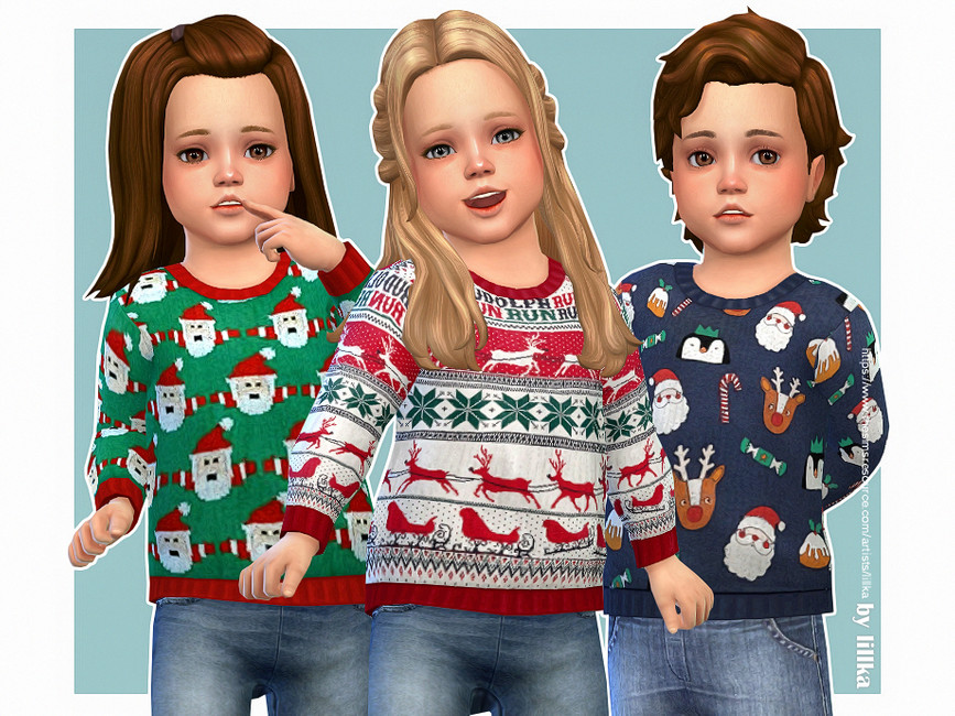 Drei Sims tragen dünne Sims 4 CC Weihnachtspullover in verschiedenen Farben und Mustern.