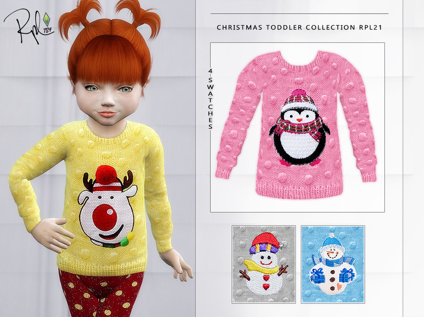 Ein Sim mit roten Haaren, der einen gestrickten Weihnachtspullover mit kleinen Bommeln trägt. und ein Rentier!