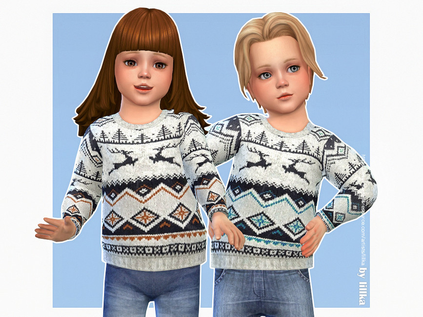 Zwei Sims tragen die gleichen grau gemusterten Weihnachtspullover