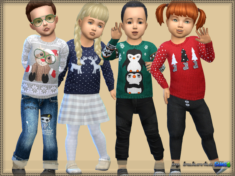 Vier Kleinkinder in verschiedenen Posen, die verschiedene Sims 4 CC-Weihnachtspullover tragen.