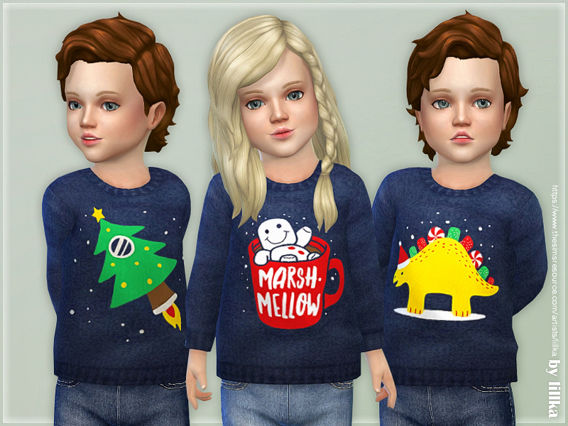 Drei Kleinkinder-Sims, die marineblaue Pullover mit verschiedenen festlichen Designs tragen.
