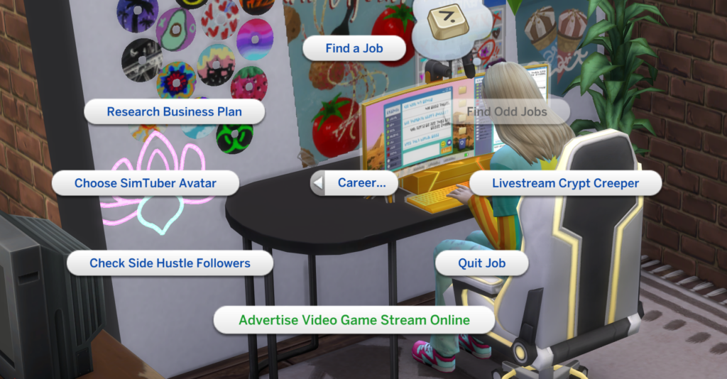 Die neue Option "Videospiele-Stream online bewerben", die du mit der Unternehmer-Fähigkeit in Die Sims 4: High School Jahre erhältst