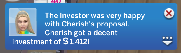 Meine Sim, die an ihrer unternehmerischen Fähigkeit in Die Sims 4 arbeitet und eine Investition von einem Business Angel erhält