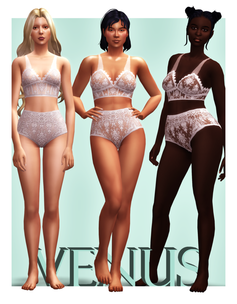 Drei verschiedene Charaktere aus Die Sims 4, die alle dasselbe Set aus weißer Spitzen-Dessous tragen. Die Sims haben alle unterschiedliche Hauttöne, um zu zeigen, wie es auf verschiedenen Sims aussieht.