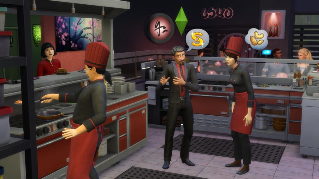 Sims in einem Restaurant mit einem Kochen und zwei, die über Nüsse und Geld plaudern