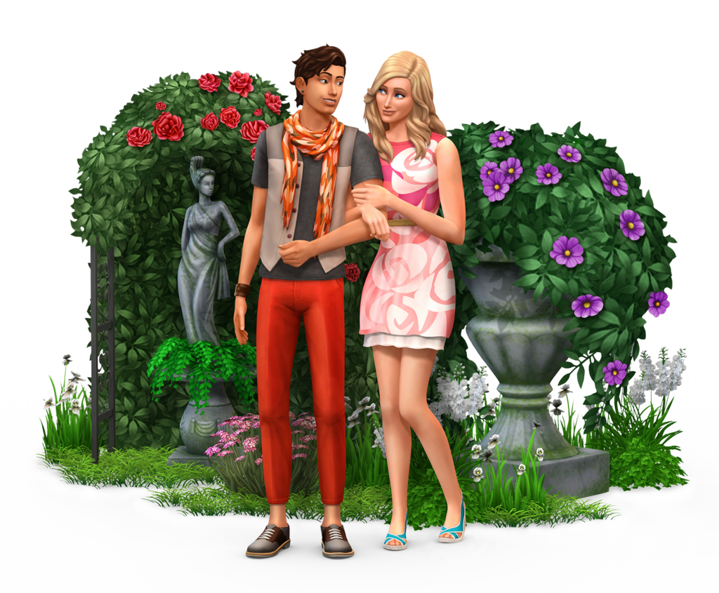 Render aus dem Sims 4 Romantischer Garten-Accessoires-Pack, zwei Seelenverwandte Sims, die Arm in Arm vor einem Brunnen und Blumen spazieren gehen