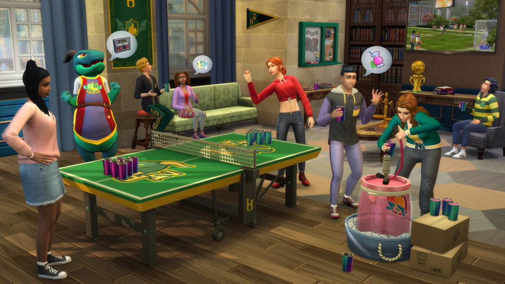 Sims verschwenden ihre Forschungs- und Debattierfähigkeiten, indem sie feiern, Juice Pong spielen und aus einem Fass trinken