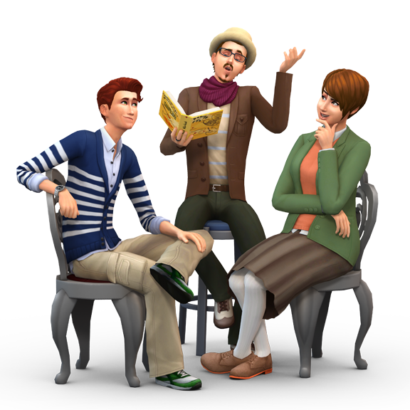 3 Sims sitzen, zwei auf Stühlen und einer auf einem Hocker, der den anderen beiden vorliest.