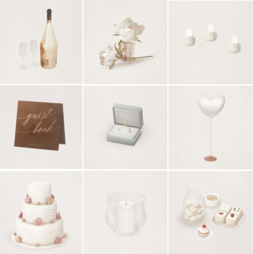 9 Quadrate insgesamt in einem Raster, jedes dieser Quadrate hat ein Stück Sims 4 CC Hochzeitsdekoration. Einige der Gegenstände sind ein Gästebuch, eine Kerzensammlung, Wein und Kuchen.