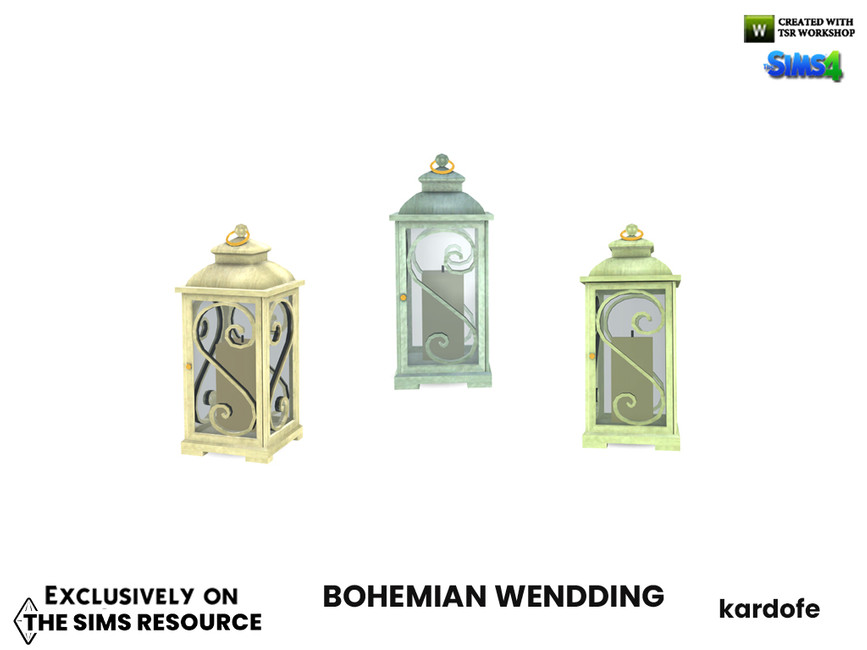 Drei Metalllaternen in Grün, Gelb und Türkis. Diese Sims 4 CC Hochzeitsdekoration enthält Kerzen im Inneren