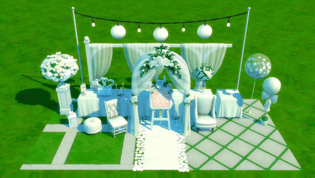 Eine Vielzahl von weißen Sims 4 CC Hochzeitsdekorationen, einschließlich eines Bogens, Stühlen, Gängen, Ballons und mehr.