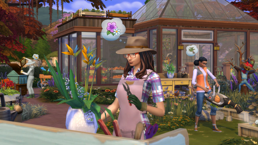 Ein Screenshot von Die Sims 4: Jahreszeiten mit Sims, die im Hintergrund gärtnern