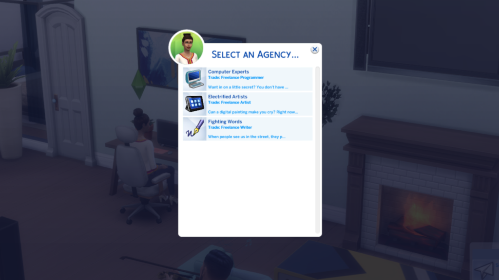 zeigt, wie man mit der Sims 4-Schreibfertigkeit und dem freiberuflichen Schreiben eine Agentur auswählt