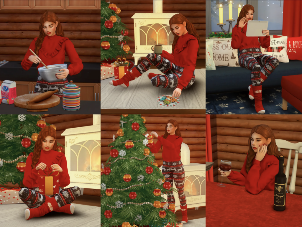 Ein Sim, der alleine an Weihnachten rumhängt, Wein trinkt, liest und backt