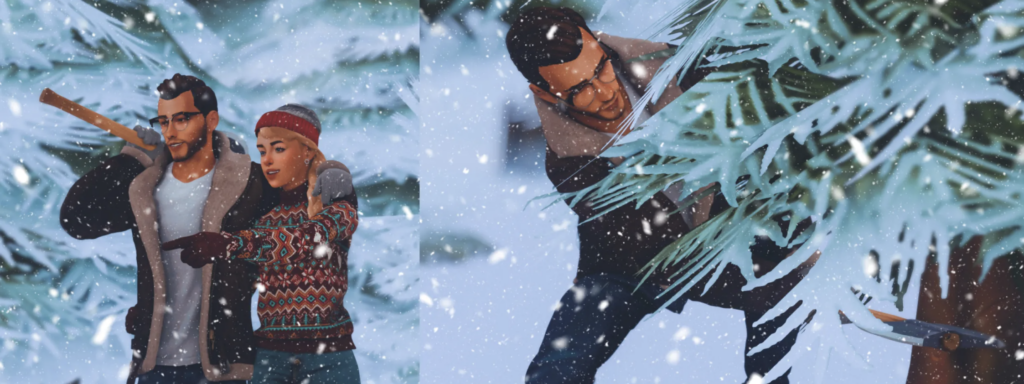 Posen, bei denen zwei Sims nach einem Weihnachtsbaum suchen und ihn mit einer Axt fällen