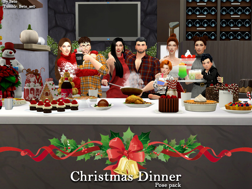 Eine Gruppe von Sims, die gemeinsam ein festliches Weihnachtsessen genießen
