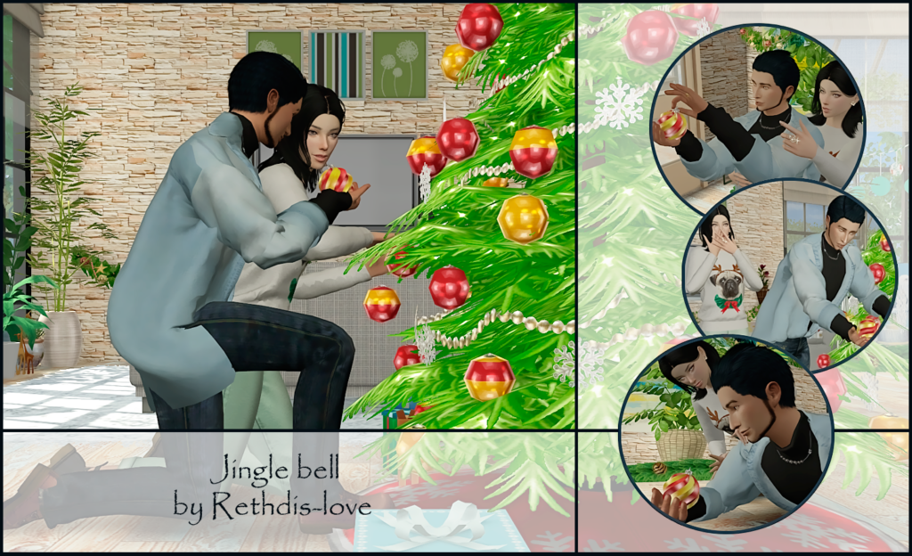 Im Jingle Bell Sims 4 Weihnachtsposen-Paket werden deine Sims zusammen rumhängen und den Baum mit verschiedenen Posen schmücken, während sie Ornamente halten