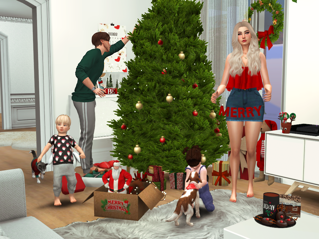 Eine Option für Sims 4 Weihnachts-Pose-Packs, bei der deine Sims verschiedene Dinge um den Weihnachtsbaum herum machen. Ein Sim hält ein Schild mit der Aufschrift froh, ein Kleinkind spielt mit einem Hund, ein anderer geht und der letzte Sim schmückt den Baum.