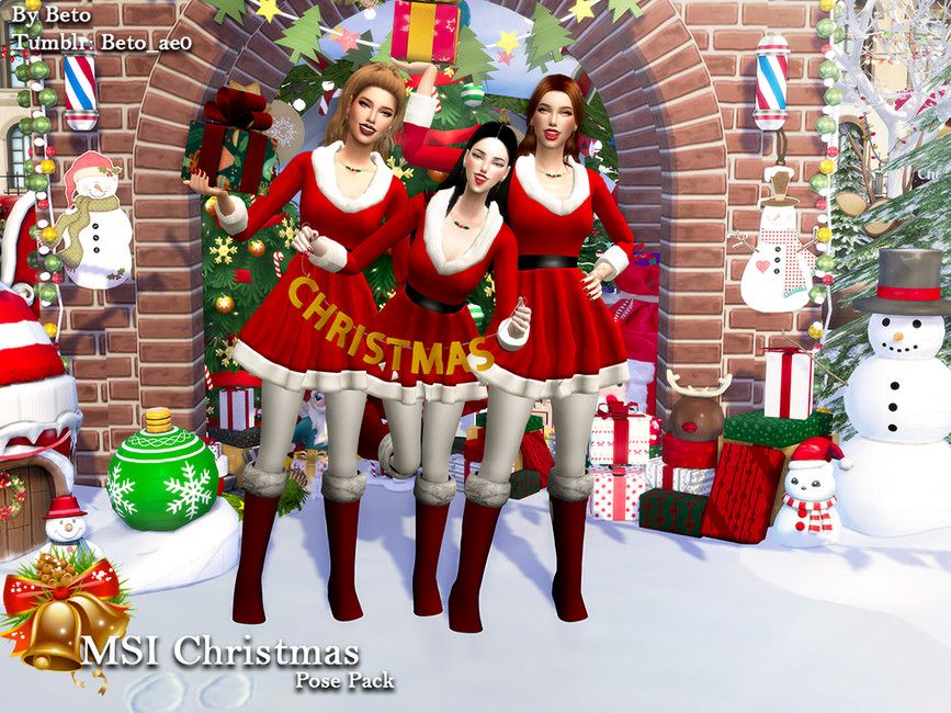 Ein Set von Posen, bei dem eine Gruppe von Sims Requisiten wie Geschenkboxen und ein Schild mit der Aufschrift WEIHNACHTEN in Großbuchstaben verwendet, um ihre festliche Stimmung zu zeigen