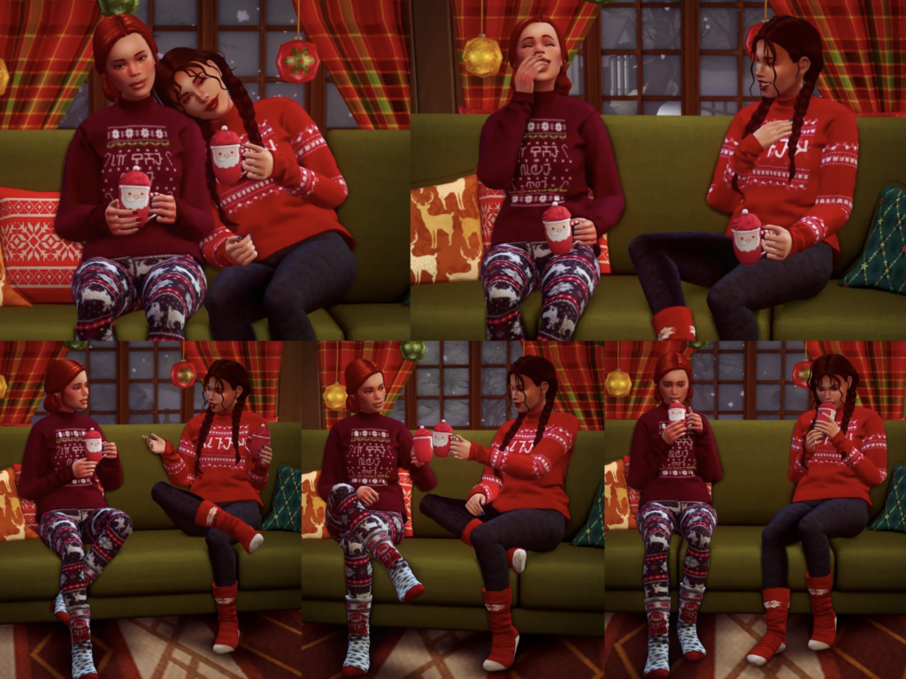 Eine Reihe von Sims 4 Weihnachtsposen, bei denen zwei Sims zusammen eine festliche Tasse Tee oder heiße Schokolade trinken