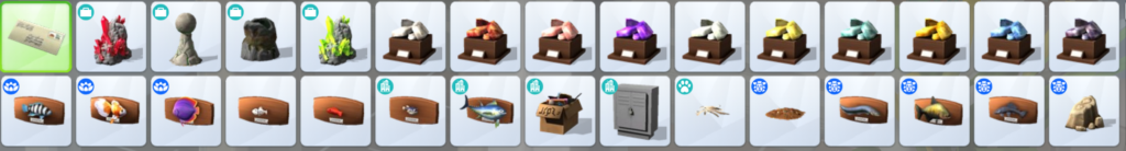 Eine Auswahl von Gegenständen, die im The Sims 4 Debug-Cheat-Menü angezeigt werden.