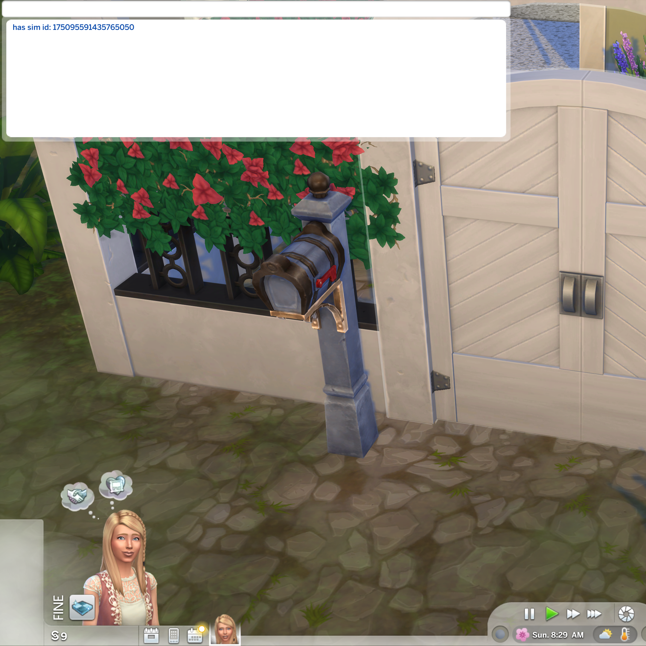 Ein Bildschirm von Die Sims 4 zeigt einen Briefkasten mit der geöffneten Cheat-Box, die eine Sim-ID anzeigt. 