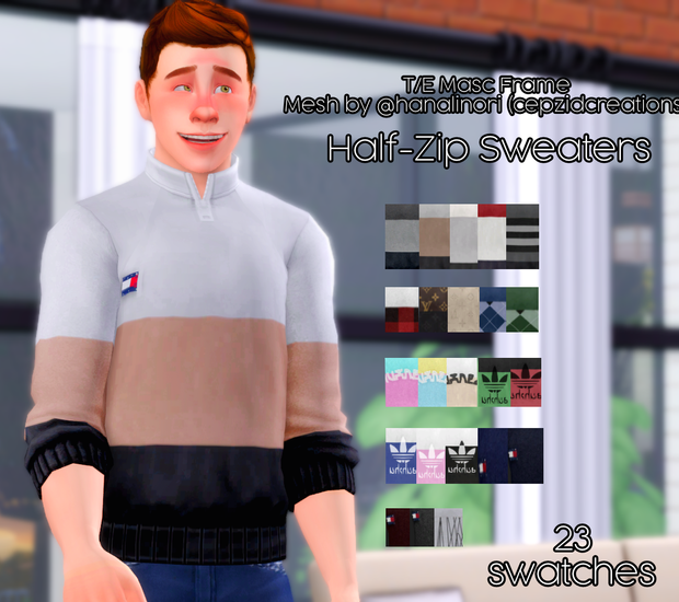 Ein Sim mit roten Wangen, der einen Farbblock-Tommy-Hillfiger-Sweater für Sims 4-Männer trägt