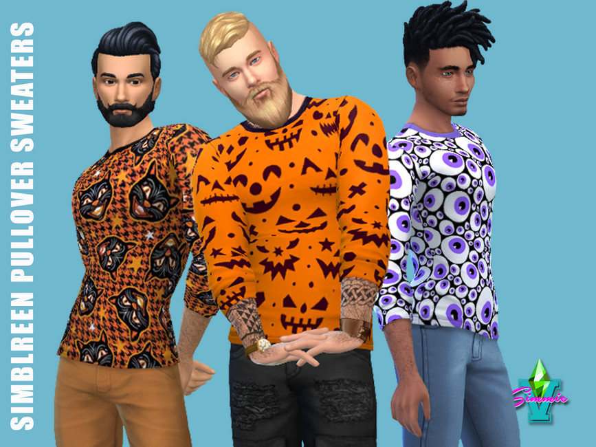 Drei Sims tragen Halloween-Themenpullover mit Mustern wie Katzen, Augen oder Kürbisgesichtern