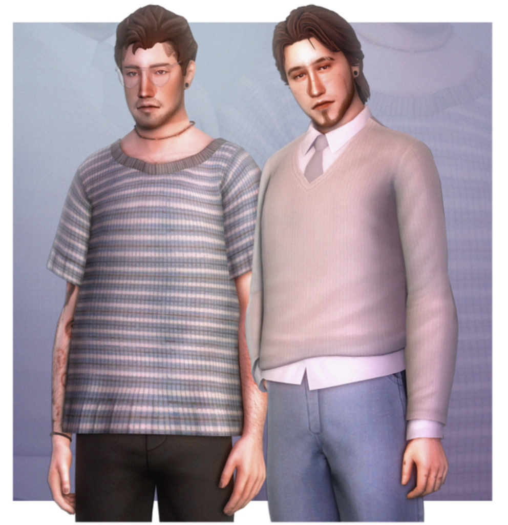 Zwei Sims in verschiedenen Pullovern stehend