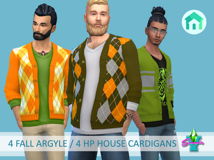 Drei Sims tragen eine Strickjacke über einem Langarm V-Ausschnitt-Shirt