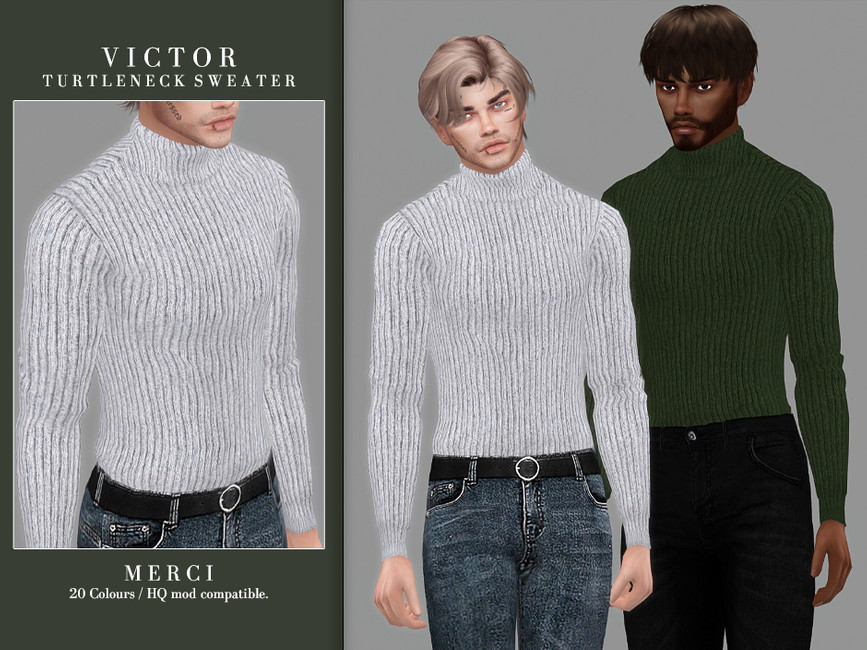 Zwei Sims tragen einen gerippten Langarm-Rollkragenpullover