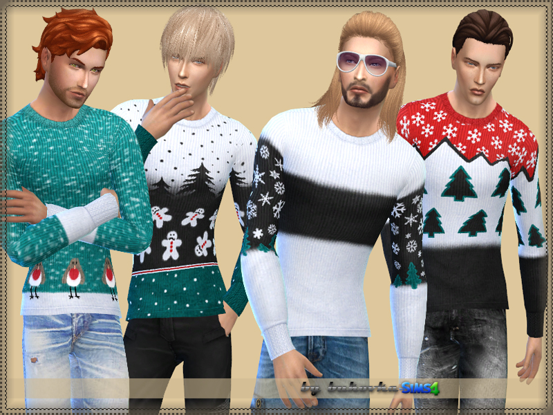 Vier Sims tragen verschiedene Versionen eines Weihnachtspullovers mit Schneeflocken, Bäumen und Lebkuchenmännern