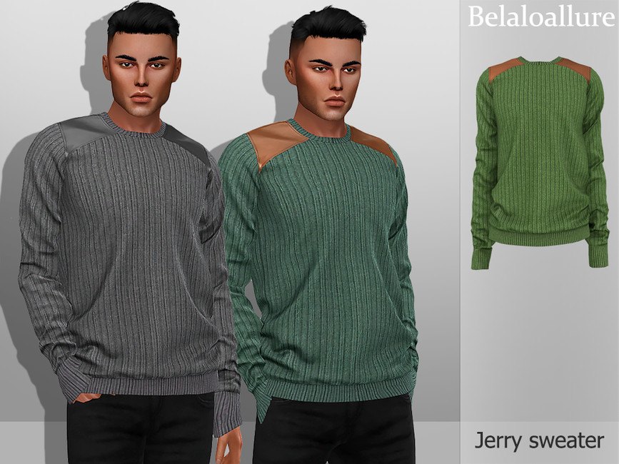 Ein gerippter Strickpullover mit einem anderen Stoff auf den Schultern