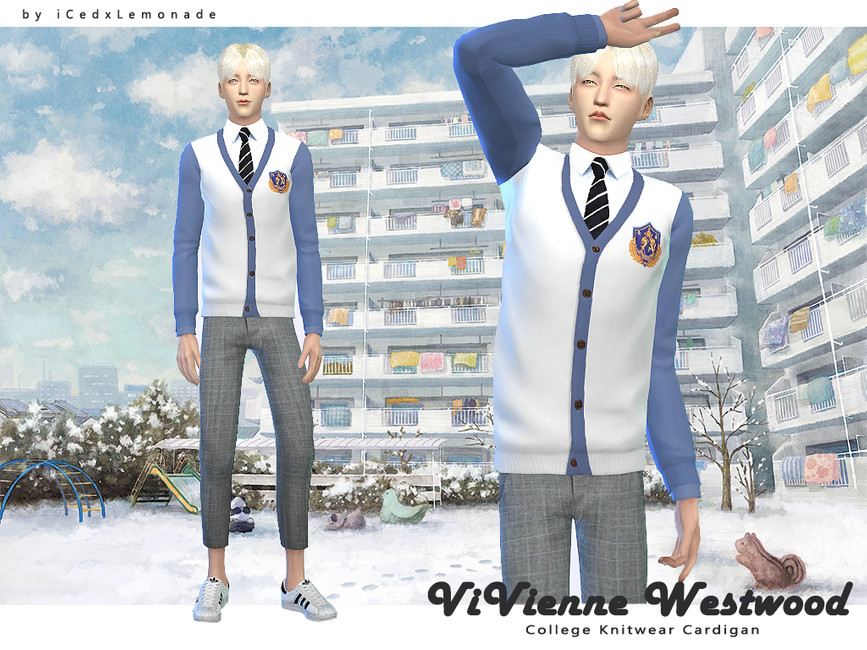 Ein Sim mit weißen Haaren trägt einen College-Strickcardigan mit College-Emblem