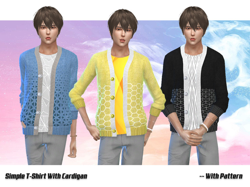 Drei Sims tragen einen gemusterten Cardigan über einem T-Shirt in Die Sims 4
