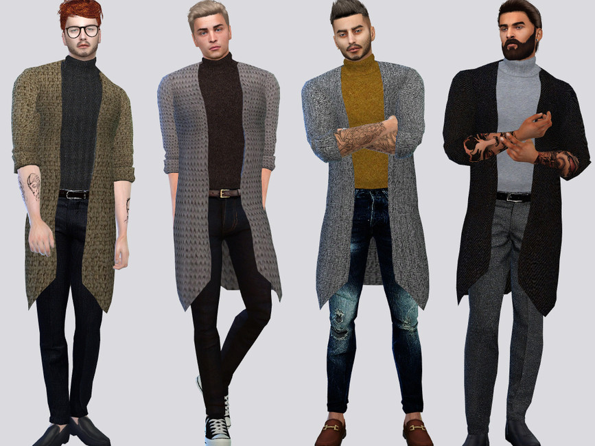 Vier Sims, die eine Strickjacke aus Wolle über einem Rollkragen tragen