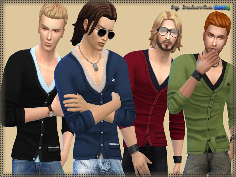 Vier verschiedene männliche Sims, die einen Pullover mit tiefem V-Ausschnitt und Knöpfen sowie einer kleinen Tasche in Die Sims 4 tragen