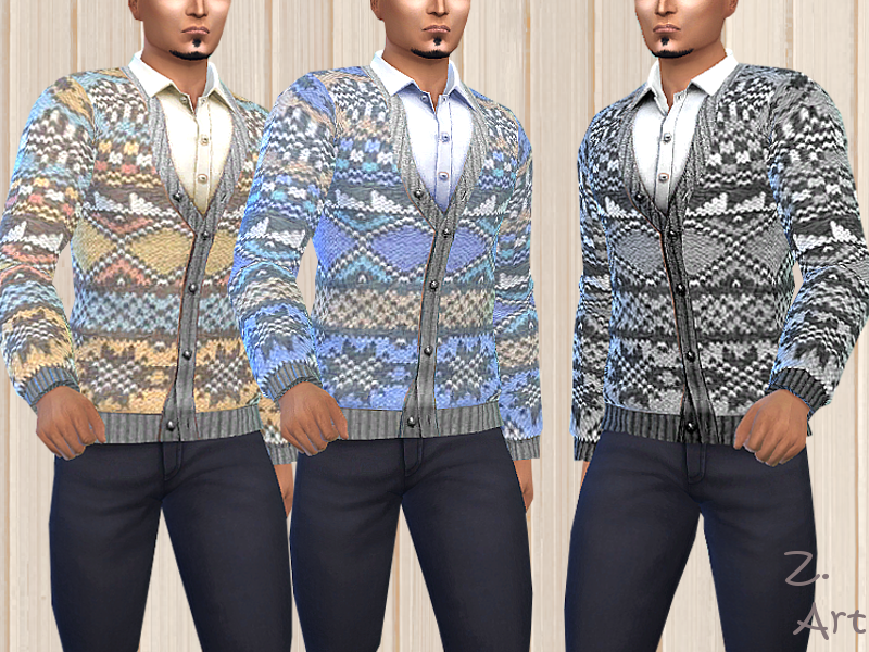 Drei Versionen des gleichen Sims, der unter einem Sims 4 CC Pullover ein weißes Hemd mit Knöpfen trägt