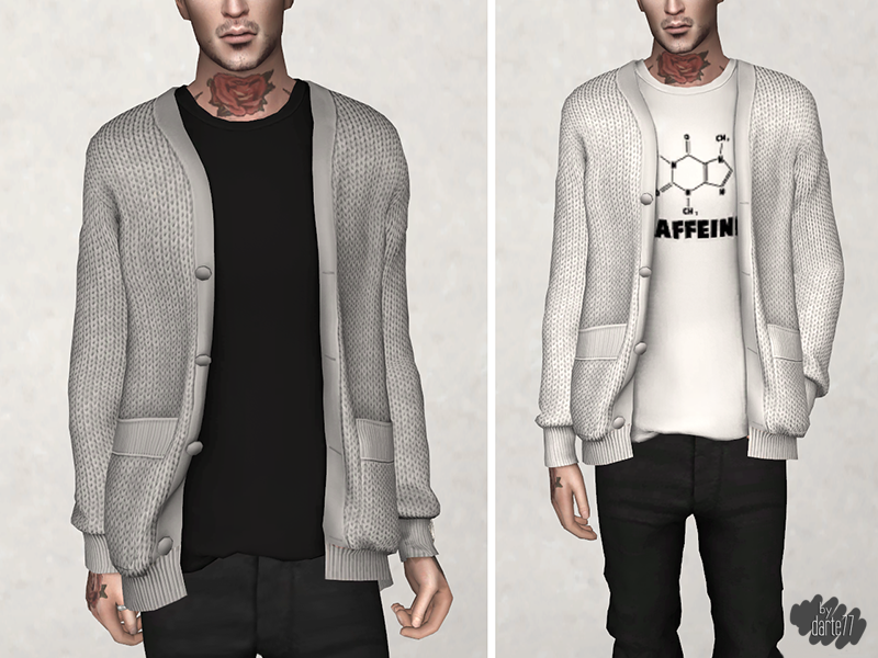Derselbe männliche Sim mit einem Nackentattoo, der eine gestrickte Strickjacke mit Knöpfen und Taschen in Die Sims 4 trägt
