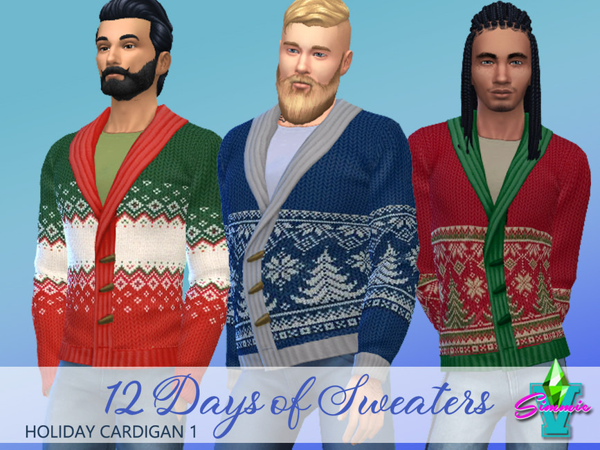 Drei verschiedene männliche Sims, die einen Weihnachtspullover in Die Sims 4 tragen